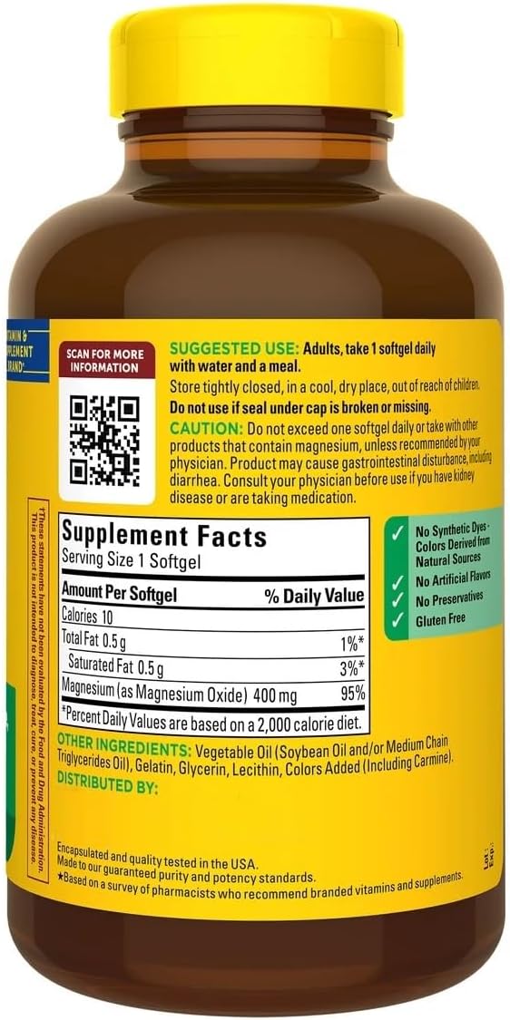 Extra Strength Magnesium 400 mg. Supports Supports Heart† Bone and Nerve Health - 180 Softgels
