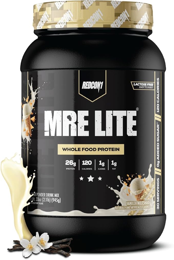 REDCON1 MRE LITE Whole Food Protein Powder Vanilla Milkshake - Lactose Free &amp Sugar Free Meal Replacement with Animal Protein Blends - Easy to Digest Formula - Only 1g Carb per Serving (30 Servin