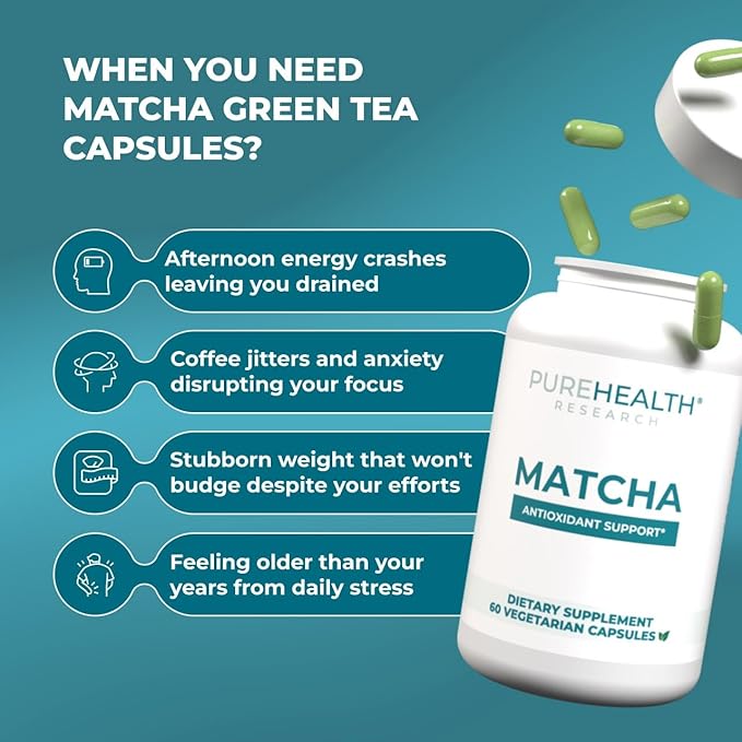 PUREHEALTH RESEARCH Matcha 1000 mg - Organic Ceremonial Grade Matcha Powder Supplement - EGCG Green Tea Extract Pills for Mental Clarity Energy &amp Hearth Health - Vegan Gluten Free - 60 Capsules