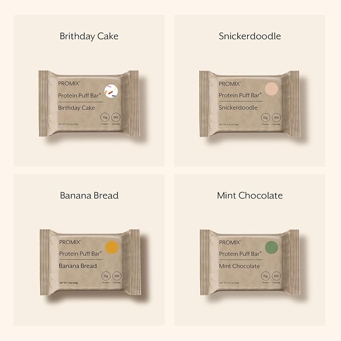 ProMix Nutrition Protein Puff Bars - Variety Pack - Birthday Cake Snickerdoodle Banana Bread Mint Chocolate - Marshmallow Crispy Treat - High Protein &amp Low Calorie - 12 Bars