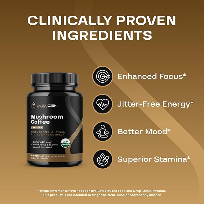 100% Organic Mushroom Coffee Capsules - Natural Energy Supplement with 130mg Caffeine from Clinically Proven Patented Green Coffee Bean &amp Guayusa Extracts for Jitter-Free Energy &amp Focus (90 Se