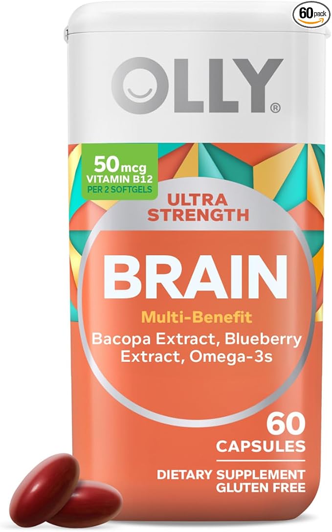 OLLY Ultra Strength Brain Softgels Nootropic Supports Healthy Brain Function Memory Focus and Concentration Omega-3s Vitamins B6 and B12 30 Day Supply - 60 Count