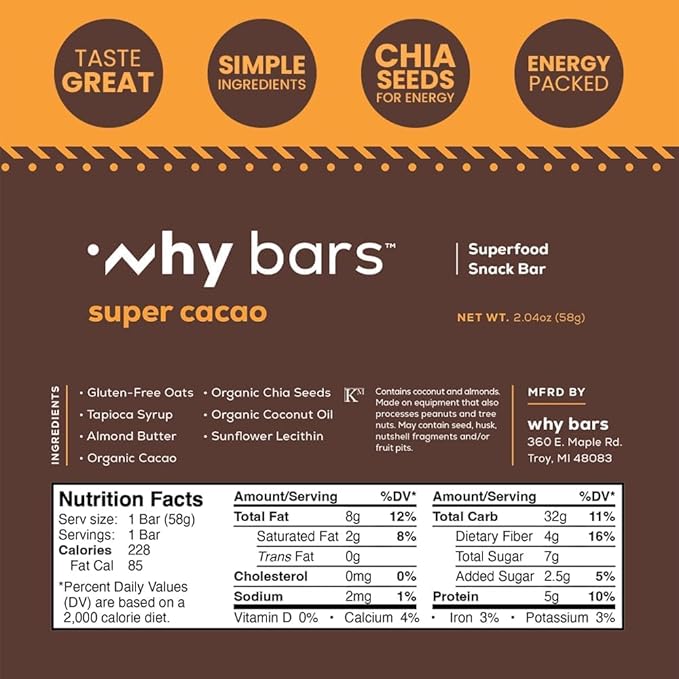 Superfood Protein Bars 2.04 Ounce Bars - Protein Bar Superfood Gluten Free Non GMO Organic Vegan Simple Ingredients (Cacao)