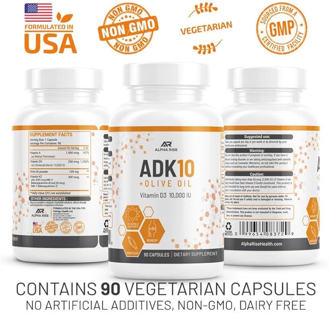 ADK 10 Vitamin Supplement + Olive Oil for Better Absorption - with Vitamins A + D3 (10000 iu) + K2 (MK7+MK4) - 90 Capsules - Vegetarian - Non-GMO