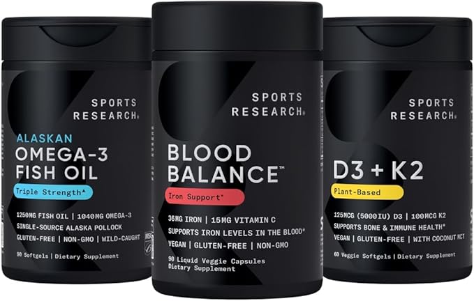 Sports Research Blood Control Pack - Blood Balance Iron Supplement - 36 MG Iron + Folate &amp Vitamin C for Absorption + Omega-3 Fish Oil 1250 + Vitamin D3 + K2 5000 IU