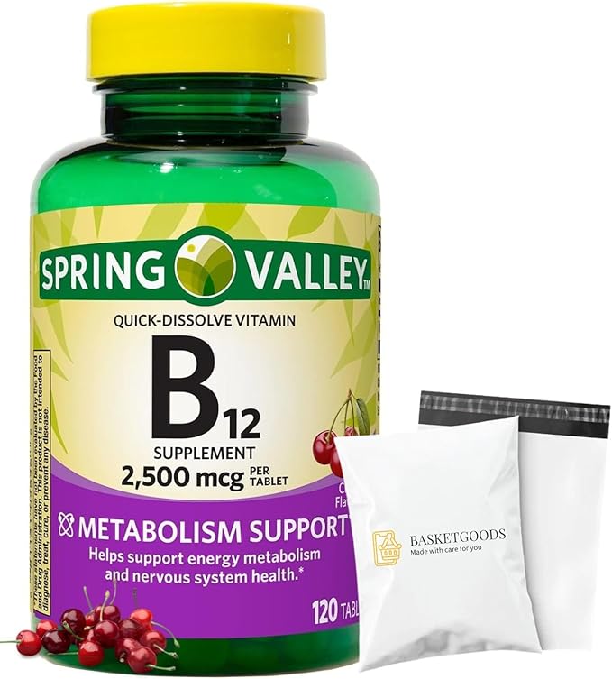 Spring Valley Vitamin B12 2500 mcg Quick-Dissolve Tablets Dietary Supplement Vitamin B12 Complex for Women and Men 120 Tablets (Pack of 1) Set with Basket Goods Store.