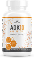 ADK 10 Vitamin Supplement + Olive Oil for Better Absorption - with Vitamins A + D3 (10000 iu) + K2 (MK7+MK4) - 90 Capsules - Vegetarian - Non-GMO