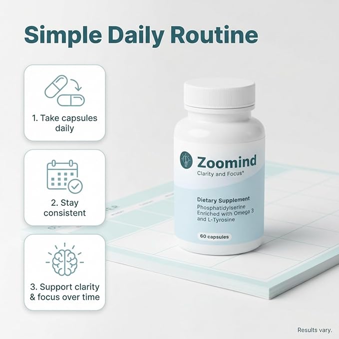 Zoomind Brain Supplements for Focus and Clarity Brain Health with Omega-3 Phosphatidylserine (PS) and L-Tyrosine. Supports Healthy Brain Function 60 Capsules