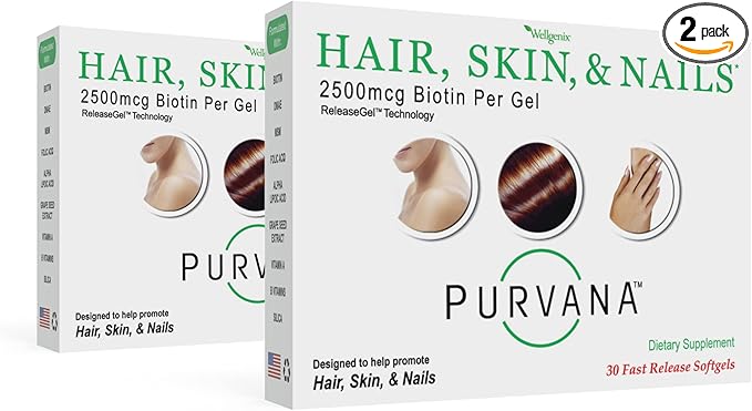 Wellgenix Purvana Hair Skin and Nails Supplement – 2500mcg Biotin Softgels with MSM &amp B-Complex – Daily Beauty Support for Stronger Nails &amp Hair Vitality – 60 Softgels (2 Pack)