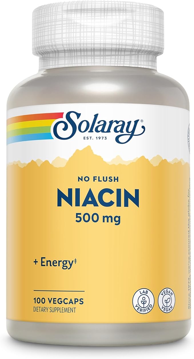 SOLARAY No Flush Niacin 500mg Flush-Free Vitamin B3 Niacin Energy and Circulatory System Support Vegan Lab Verified 60-Day Money-Back Guarantee 100 Servings 100 VegCaps