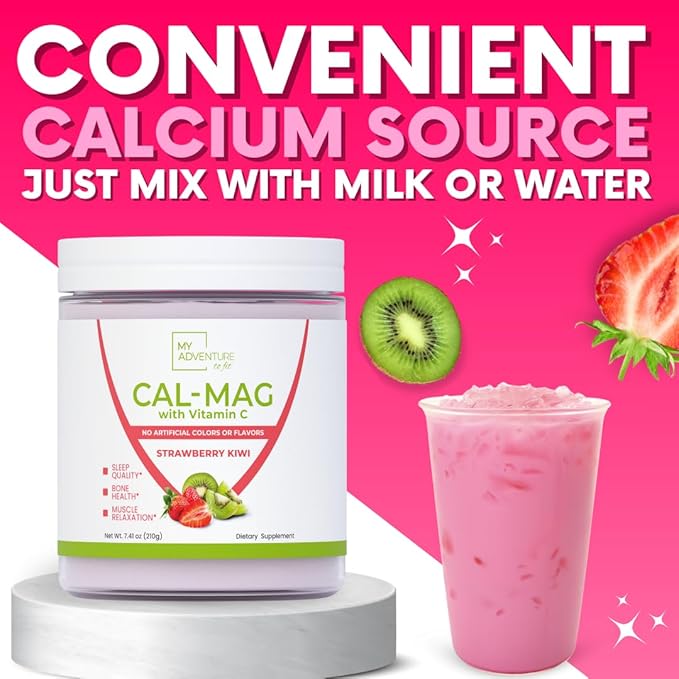 Calcium Magnesium Powder Supplement - Magnesium Calcium Carbonate Powder for Strong Bones - Natural Magnesium Powder for Sleep Quality - Magnesium Citrate Powder (Strawberry Kiwi30 Servings)