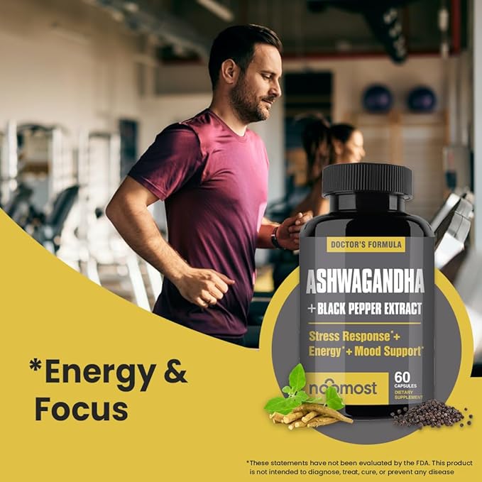 NooMost Ashwagandha Root Extract 15:1 with Black Pepper for Better Absorption - 60 Capsules - Natural Stress Energy Focus &amp Sleep Support - Adaptogen Supplement for Men &amp Women - Made in USA