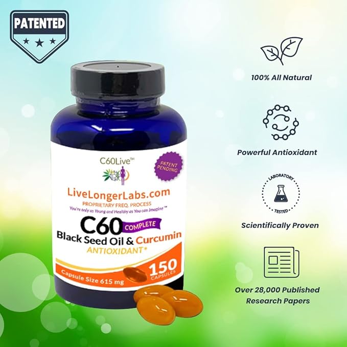 C60 Complete - Carbon 60 (Fullerene) with Black Seed Oil &amp Curcumin - Antioxidant Supplement - for Longevity &amp Cognitive Function - All Natural - 150 Gel Capsules