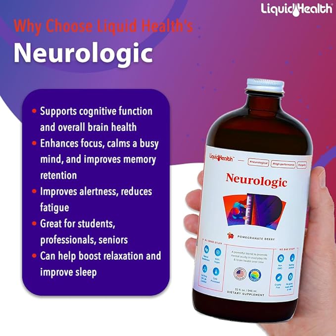 LIQUIDHEALTH Mega Energy B-Complex &amp Neurologic Nootropic Liquid Supplement Bundle for Adults - Increase Natural Energy Levels Improve Memory Alertness &amp Focus Boost Mood - Vegan Non-GMO