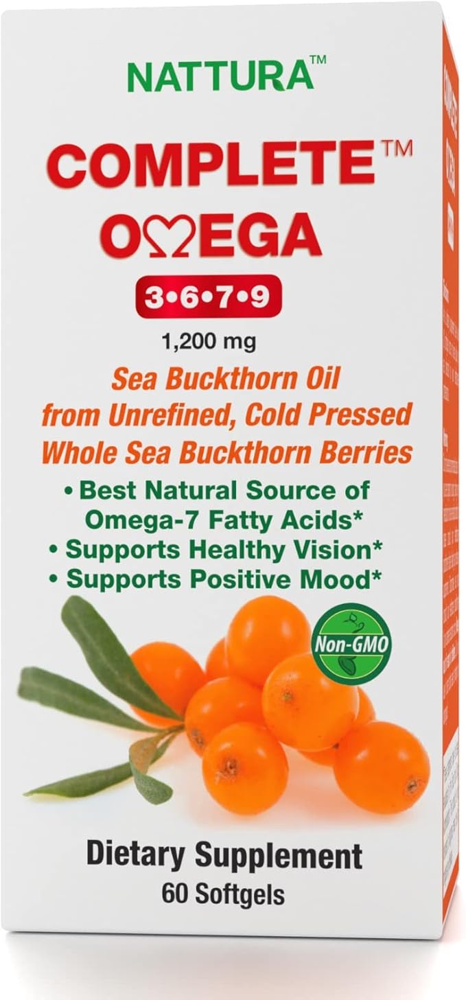 Nattura Complete Omega 3-6-7-9 Pure Sea Buckthorn Oil European Quality from Unrefined Cold Pressed Whole Sea Buckthorn Wild Berries - Non-GMO Certified Kosher Gluten-Free 1 Bottle - 60 Capsules