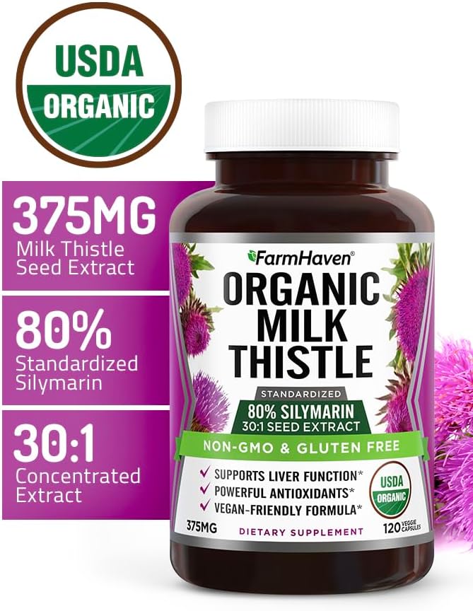 FarmHaven USDA Organic Milk Thistle Capsules |30X Concentrated Seed Extract &amp 80% Silymarin Standardized - Supports Liver Function and Overall Health | Non-GMO | 120 Veggie Capsules