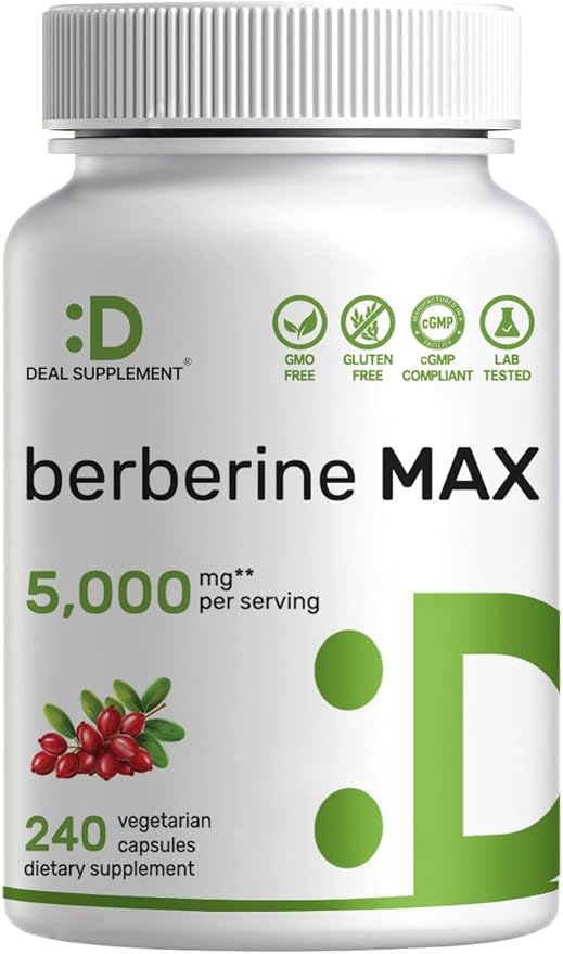 DEAL SUPPLEMENT Berberine Max Supplement with Turmeric 5000mg Per Serving 240 Veggie Capsules – 97% Pure Berberine HCl – 20:1 Turmeric Root Extract – Vegetarian Friendly Non-GMO