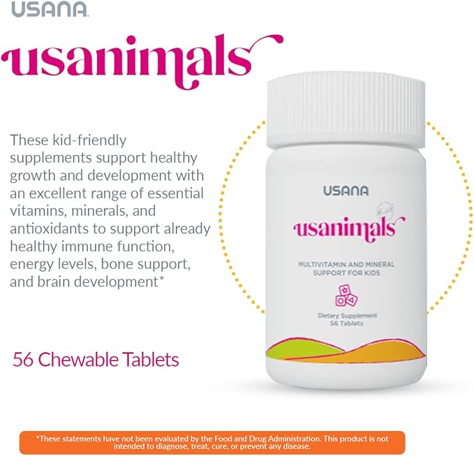 USANA Usanimals Multivitamin for Kids - Daily Chewable Tablets with Vitamins A C D E B6 B12 Zinc Iron - Supports Immune Bone &amp Brain Health - Essential Nutrients for Ages 2-12 - 56 Tablets