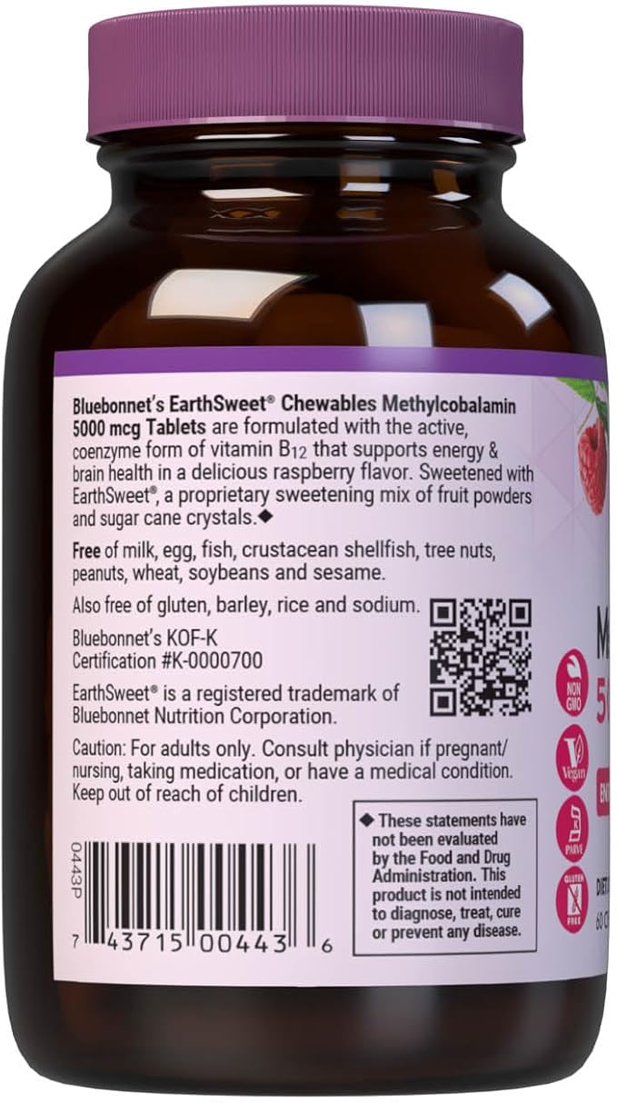 Bluebonnet Nutrition EarthSweet Methylcobalamin 5000 mcg Active Coenzyme Form of Vitamin B12 Supports Energy Boost &amp Metabolism - Vegan Gluten-Free - Raspberry Flavor - 60 Chewable Tablets