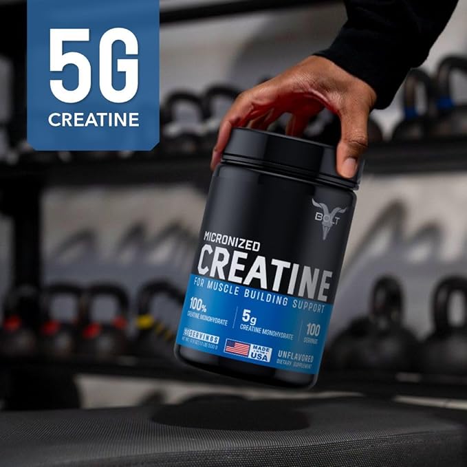 Bolt Micronized Creatine Monohydrate Powder | 5g per Serving | Unflavoured | Enhances Strength Power &amp Lean Muscle |100 Servings