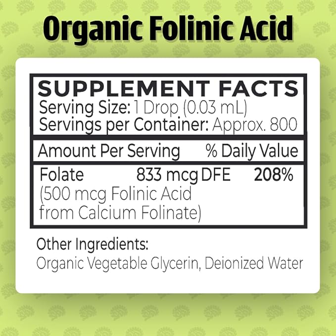 Dr. Green Life USDA Organic Folinic Acid Drops - 500 mcg per Drop | Methylation Support B9 Supplements for Kids &amp Adults | Supports Neurological Function Nervous System Health &amp DNA Synthesis