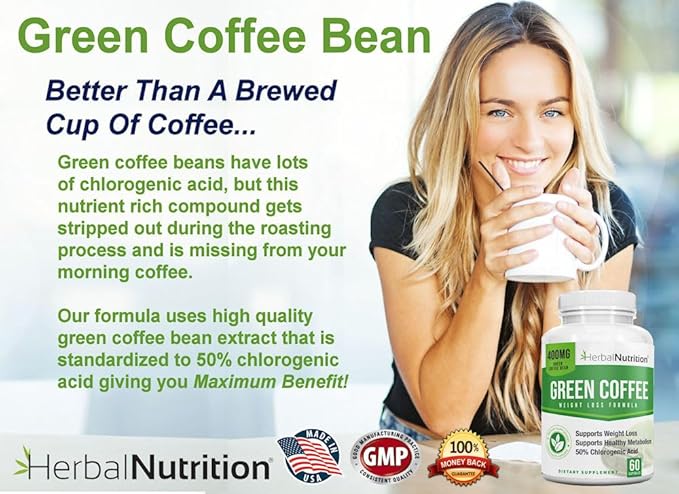 Herbal Nutrition BOGO Pure Green Coffee Bean Extract Two Bottle Pack 120 Capsules Multi-Level Dosing 400mg - 1200mg Per Serving 50% Chlorogenic Acid. Weight Loss &amp Cleanse Supplement