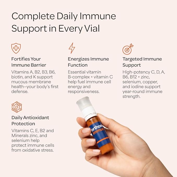 Orthomol Immun Immune Support Vials for Adults with Vitamin C Zinc Selenium Iodine Vitamin D E A B Calcium 25+ Immune Boost Nutrients 1 Serving Per Day for Daily Health (30 Day Supply)