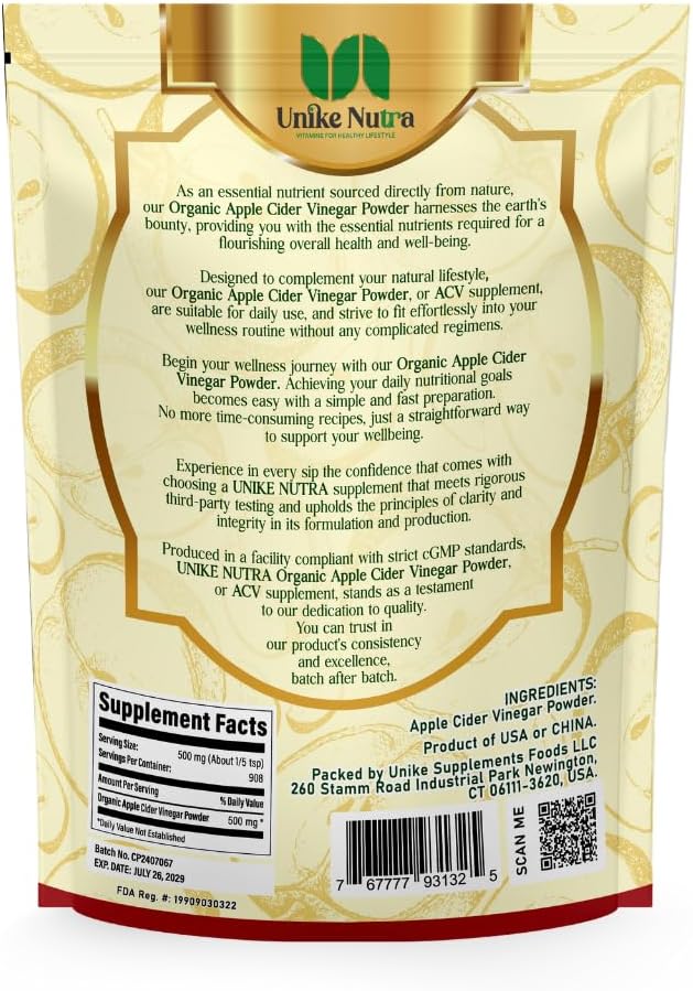 Organic Apple Cider Vinegar Powder - Apple Cider Vinegar Supplement ACV for Digestive Support - Vegan &amp Gluten Free 500mg per Serving 454g (1 lbs)