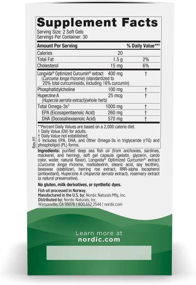 Nordic Naturals Memory Support with Curcumin - 60 Soft Gels - 1000 mg Omega-3 + 400 mg Optimized Curcumin - Memory Cognition - Contains Phosphatidylcholine &amp Huperzine A - Non-GMO - 30 Servings