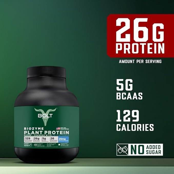 Bolt Biozyme Plant Protein | Vegan Protein with Superfood Phycocyanin and Ayurvedic Herbs | Complete Amino Acid Profile for Muscle Support and Recovery | 2Lb/32oz 26 Servings | Madagascar Vanilla