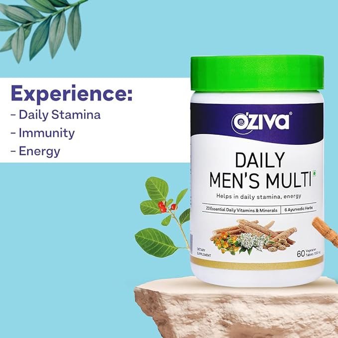 OZIVA Daily Men’s Multivitamins Tablets | Multivitamins for Men’s Daily Stamina Improved Energy &amp Better Immunity | with Daily 23 Minerals Ashwagandha Akarkara &amp Choline 60 Capsules