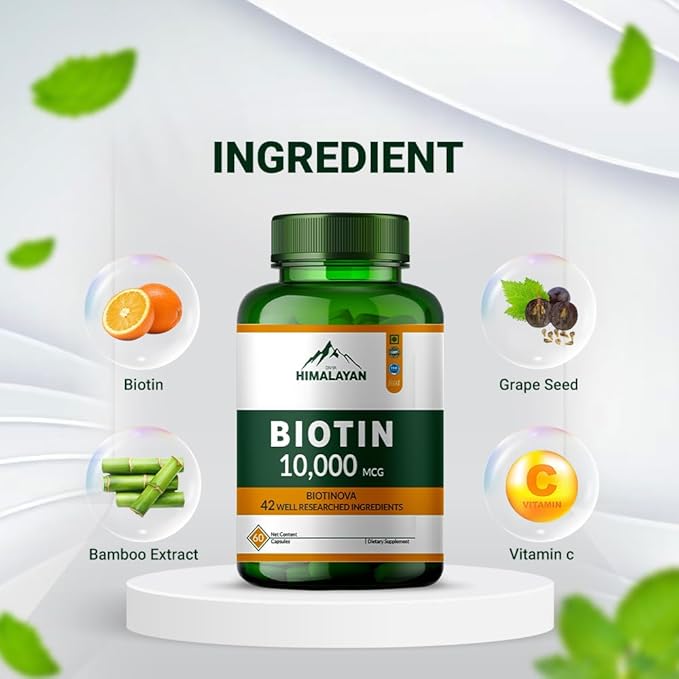 10000 MCG Biotin Supplement Capsules Promote Hair Skin &amp Nails Health Enriched with Sesbania grandiflora Vitamin C Grape Seed &amp Bamboo Extract for Men Women - 60 Capsule