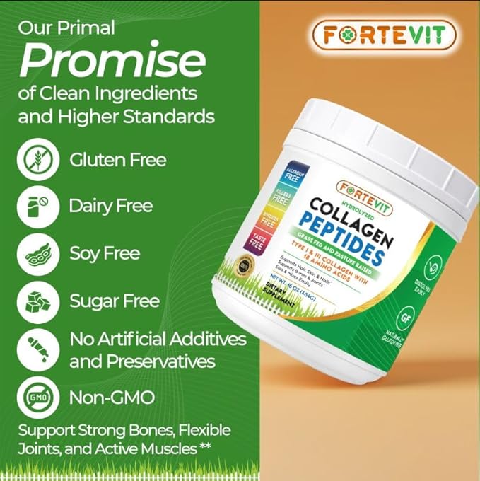 FORTEVIT Collagen Peptides Powder for Women &amp Men – Hydrolyzed Type I &amp III Grass-Fed Unflavored – Supports Skin Elasticity Hair Nails &amp Joint Health – Gluten-Free Non-GMO Keto &amp