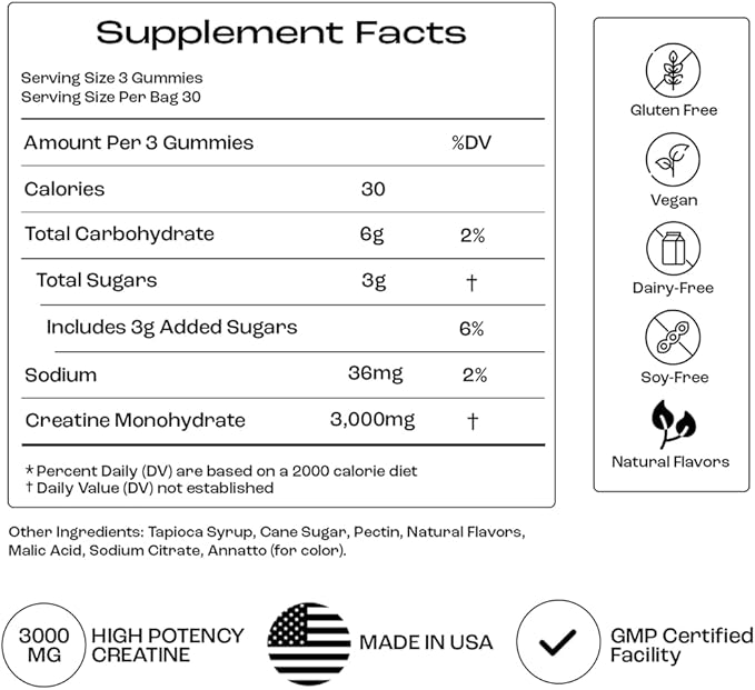 Creatine Monohydrate Gummies - Supports Muscle Growth Recovery &amp Brain Function - Convenient &amp Easy to Take - Great Tasting Peach Flavor - 1g per Gummy Low Sugar - 90 Count (Peach)