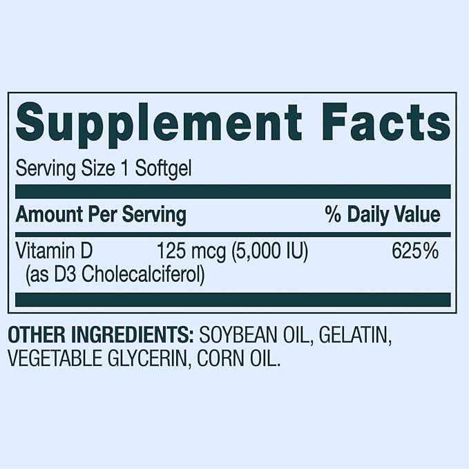 Vitamin D3 125 mcg (5000 IU) | Bone &amp Immune Health | 250 Softgels | Pack of 1 + complimentary Vitamin and Minerals Guide