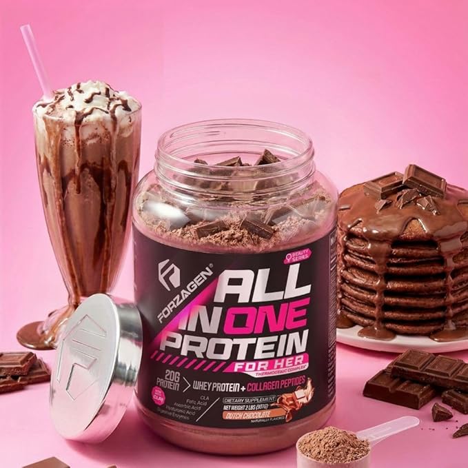 Forzagen All in One Protein for Her | Women’s Protein Powder with Multi Collagen Peptides | Hydrolyzed Collagen Supplement Gut Health Great for Pre &amp Post Workout | Dutch Chocolate 30+ Servings