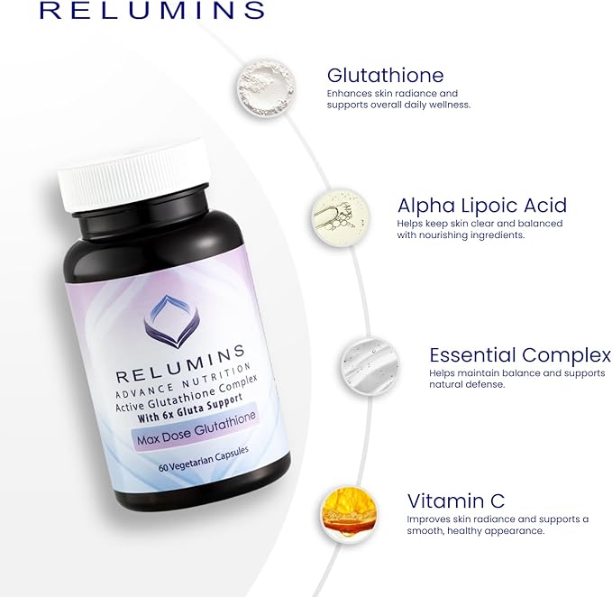 Relumins Advance White Active Glutathione Complex - Max Dose 900mg Glutathione with 6X Boosters ALA &amp NAC - Spring Glow Essentials Anti-Aging Skin Brightening Supplement - 60 Caps x 3 Bottles