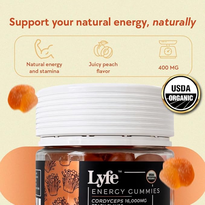 LYFE Functional Mushroom Gummies Peach Flavor (40 Count) – Organic Mushroom Supplement for Natural Energy Endurance &amp Focus – Vegan Gluten-Free Plant-Based Daily Chews for Vitality &amp Immune