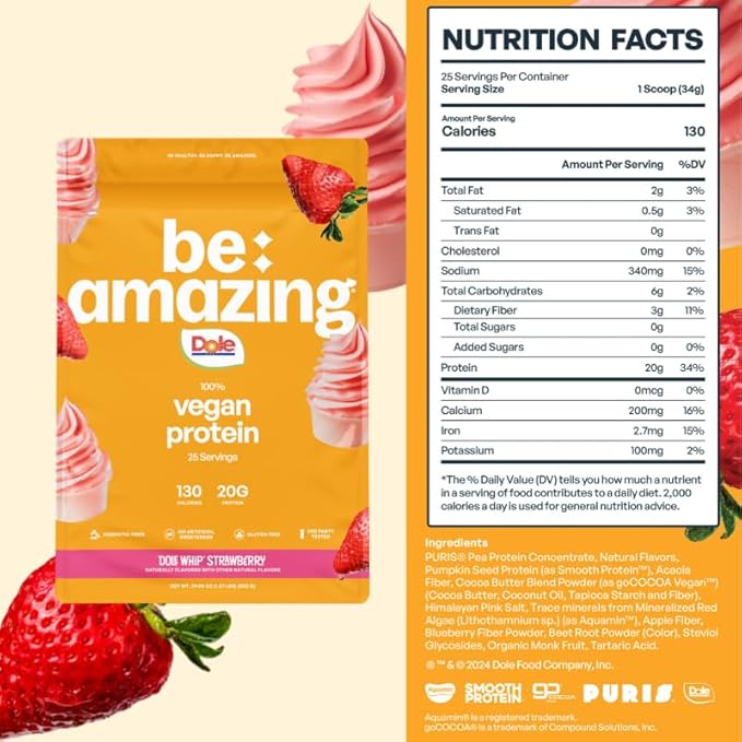 Be Amazing Vegan Protein Powder | 20g Plant-Based Protein with Prebiotics Fibers | Sugar-and-Gluten-Free Shake Mix Low Carb Non-Dairy Smoothie | Dole Whip Strawberry 25 Servings