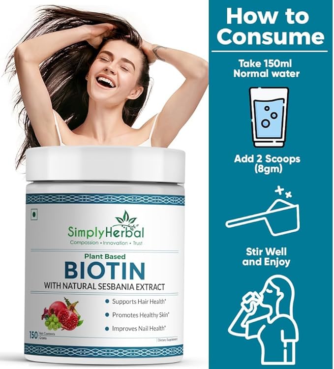 Natural Biotin Powder Vitamin B7 Supplement with Sesbania Agati Keratin Bamboo Shoot Extract Pomegranate and Amla for Stronger Shiner Hair &amp Healthier Skin for Men &amp Women – 150 gm