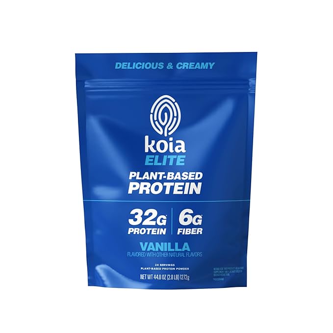 Koia Plant Based Protein Elite Powder Vanilla 32g Protein 4g Sugar 6g Prebiotic Fiber Pre &amp Post Workout 21 Vitamins &amp Minerals Dairy-Free Gluten-Free Non-GMO 24 Servings 44.8 Oz