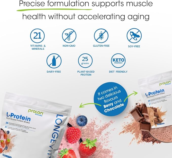 Prolon Longevity Plant Based Protein Powder | Muscle Synthesis &amp Repair Healthy Aging Boost Performance | Vitamins Gluten Free Amino Acids Antioxidants | 25g of Protein | Berry 24 Packets