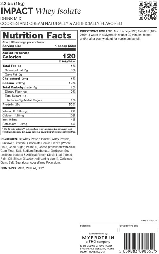 Myprotein Impact Whey Protein Isolate 2.2 Lbs (40 Servings) Cookies &amp Cream 19g Protein 3.5g Glutamine &amp 4.5g BCAA Per Serving Protein Shake for Muscle Strength &amp Recovery