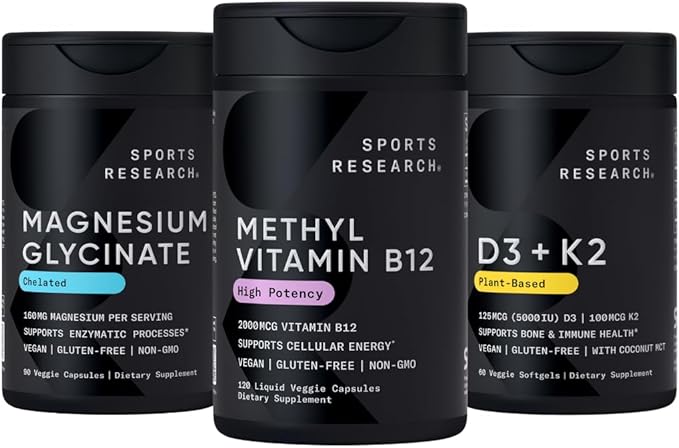 Sports Research® Celular Energy Pack - Plant Based Vitamin B12 as Methylcobalamin 2000mcg + Magnesium Glycinate 160mg + Vegan Vitamin D3 5000iu &amp Mk7 Vitamin K2 100mcg