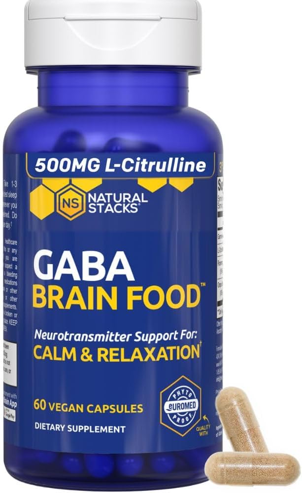 GABA Brain Food - GABA Supplement with L-Citrulline &amp Grape Seed Extract - Supports Calm &amp Relaxation - Nighttime Sleep Aid - Supports Production of Gamma Aminobutyric Acid - 60 L-Citrulline C