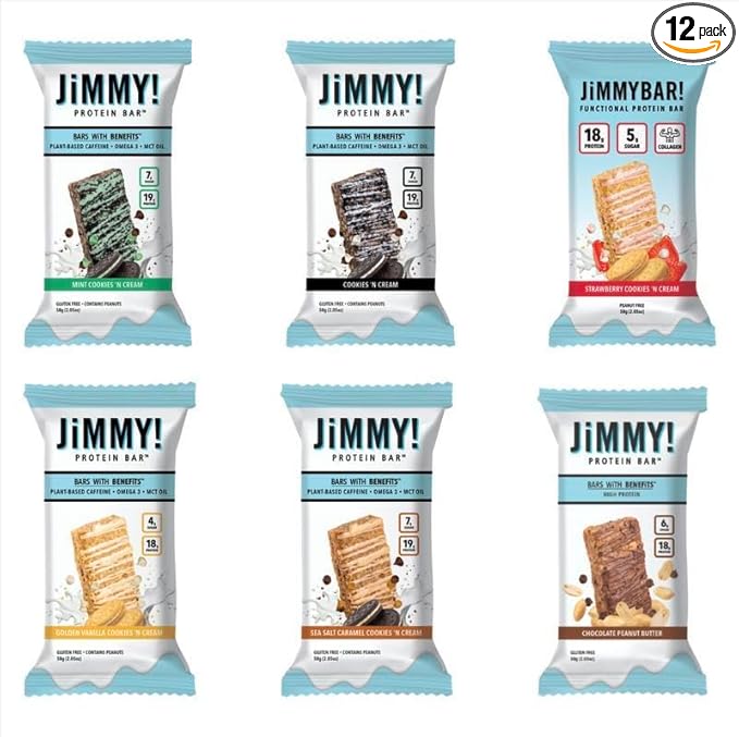 JiMMY! Protein Bar 12 Count - High Performance Energy Bar with Caffeine and Turmeric Low Sugar 25g of Protein High Protein | Variety Pack 12ct