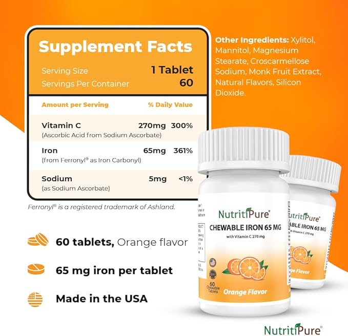 Chewable Iron 65mg with Vitamin C Bundle Orange and Pineapple Flavor 120 Days Supply for Women/Men