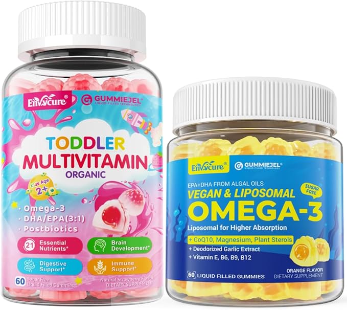 Vegan Omega-3 Gummies 1000mg + CoQ10 + Magnesium + Organic Toddler Multivitamin Gummies + Omega-3 (DHA/EPA) 2pack