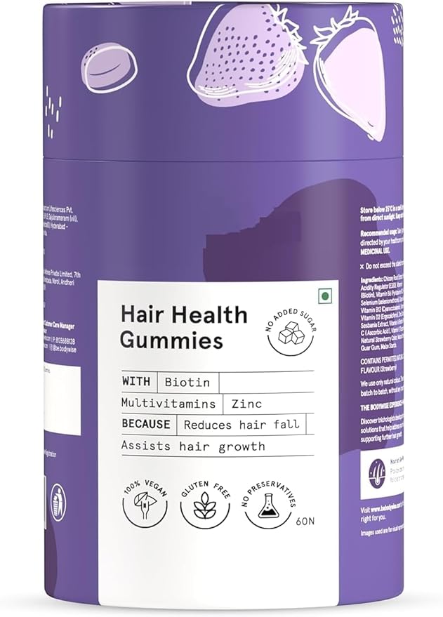 Biotin Hair Gummies for Stronger Shinier Hair &amp Nails | 60 Days Pack | with Biotin Zinc Folic Acid Fibre &amp Multivitamin | Strawberry Flavour | No Added Sugar