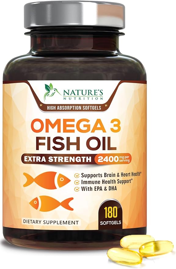 Omega 3 Fish Oil Supplements - 2400mg Fish Oil Per Serving - Triple Strength Omega-3 with EPA &amp DHA Fatty Acids - Natural Heart Brain &amp Immune Support - Wild Caught Bottled in USA - 180 Soft
